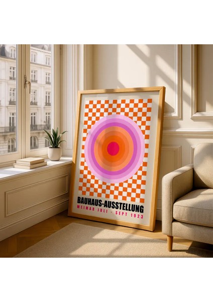 (Çerçevesiz) Bauhaus 3'lü Turuncu Pembe Çerçevesiz Poster Seti, Modern Dekoratif Poster Seti