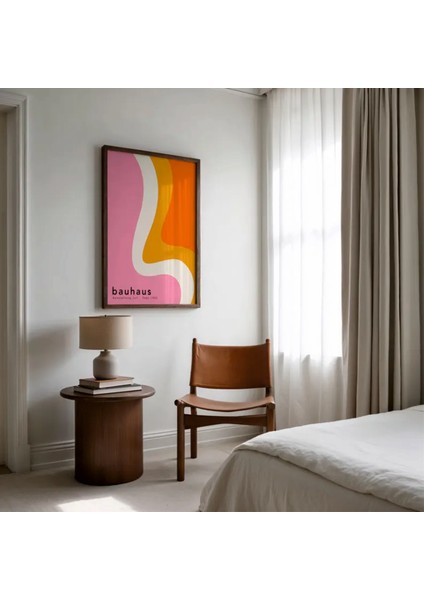(Çerçevesiz) Bauhaus 3'lü Turuncu Pembe Çerçevesiz Poster Seti, Modern Dekoratif Poster Seti