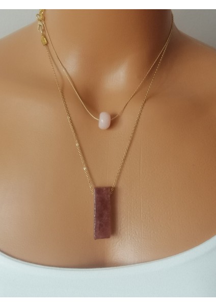 Doğal Taşlı Çelik Kolye:gül Kuvars Taşı ve Pembe Rodonit Taşı ile Tasarlanmıştır.