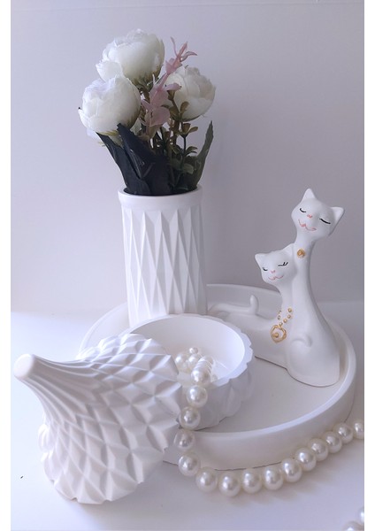 Romantik Kedicik Çiftli Dekoratif Set - Yuvarlak Sunum Tepsisi Vazo Kapaklı Kutu Kedi Biblosu