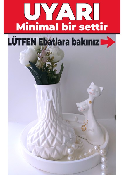 Romantik Kedicik Çiftli Dekoratif Set - Yuvarlak Sunum Tepsisi Vazo Kapaklı Kutu Kedi Biblosu modelleri
