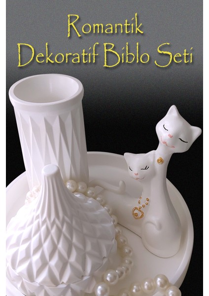 Romantik Kedicik Çiftli Dekoratif Set - Yuvarlak Sunum Tepsisi Vazo Kapaklı Kutu Kedi Biblosu fırsatları
