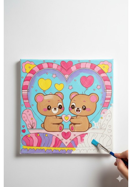 Okul Etkinliği 20X20 Resimli Tuval Çocuk Boyama Seti-Model-20 Resimli 3 Boya 1 Fırça