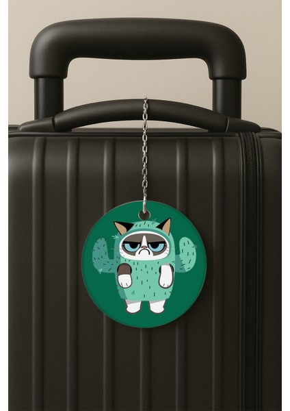 Kaktüslü Kedi Desenli Uv Baskılı Pleksi Bavul Etiketi Seyahat Tatil Valiz Etiketi