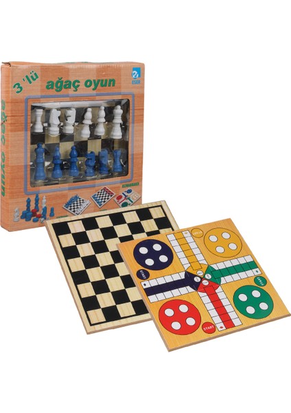 3'lü Ağaç Oyun Seti ( Satranç - Dama - Kızmabirader )