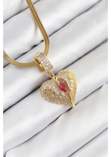 316L Çelik Zirkon Taşlı Kanatlı Kalp Model Gold Renk Kadın Kolye - TJ-BKO10533