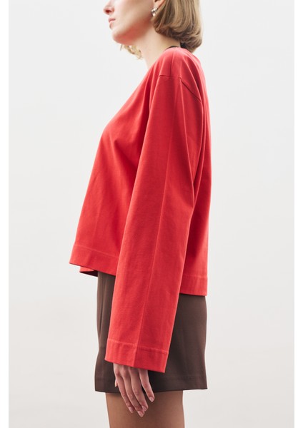 Kayık Yaka Uzun Kol Tshırt Kırmızı modelleri