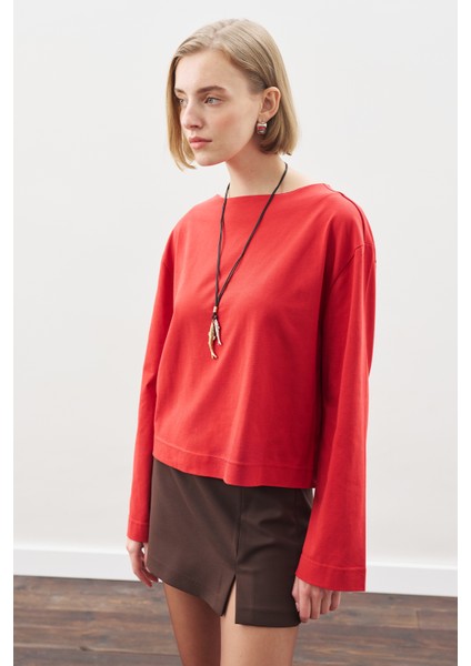 Kayık Yaka Uzun Kol Tshırt Kırmızı fırsatları
