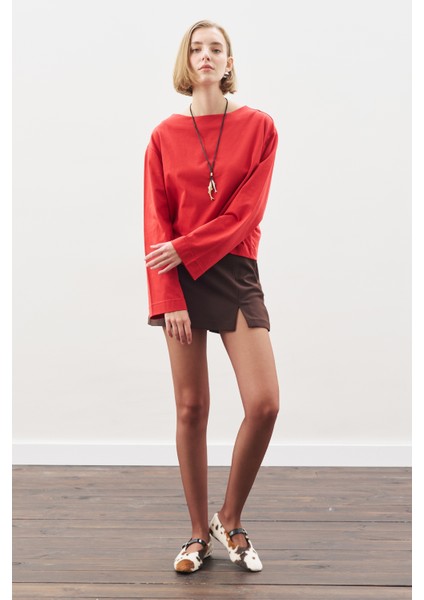 Kayık Yaka Uzun Kol Tshırt Kırmızı indirimleri