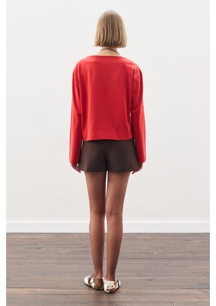 Kayık Yaka Uzun Kol Tshırt Kırmızı