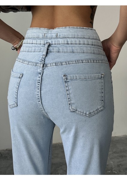 Kadın 3 Kemerli Yüksek Bel Kot Dar Paça Pantolon fırsatları