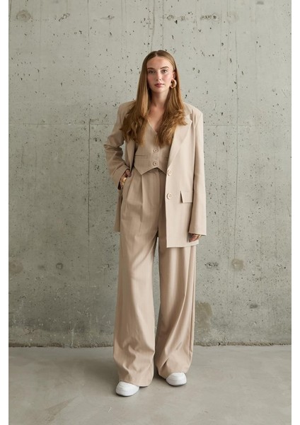 Bej Çizgili Ceket - Yelek ve Pantolon Takım