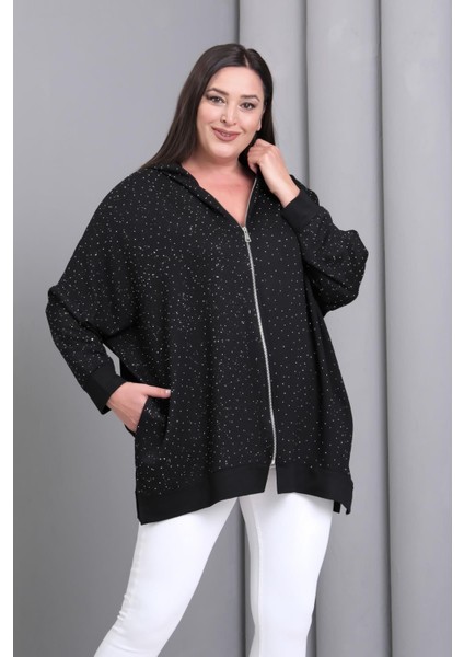 Kadın Büyük Beden Siyah, Kapüşonlu Fermuarlı, Ön ve Kollar Taş Detaylı Astarsız Tunik Ceket 65N39195
