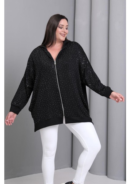 Kadın Büyük Beden Siyah, Kapüşonlu Fermuarlı, Ön ve Kollar Taş Detaylı Astarsız Tunik Ceket 65N39195 fiyatları