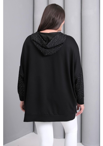 Kadın Büyük Beden Siyah, Kapüşonlu Fermuarlı, Ön ve Kollar Taş Detaylı Astarsız Tunik Ceket 65N39195 modelleri