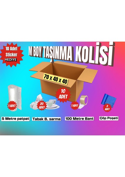 70X40X40 Taşınma Paketi M Boy 10 Adet Koli 1 Adet 5 Metre Patpat (Balonlu Naylon) 20 Adet Tabak/bardak Sarmalık Kâğıt 1 Adet 100 Metre Bant 2 Adet Çöp Poşeti Hediye: 10 Adet Sticker (Etiket)