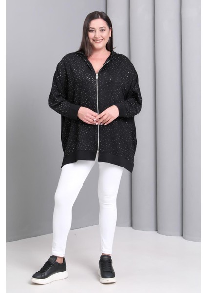 Kadın Büyük Beden Siyah, Kapüşonlu Fermuarlı, Ön ve Kollar Taş Detaylı Astarsız Tunik Ceket 65N39195 fırsatları