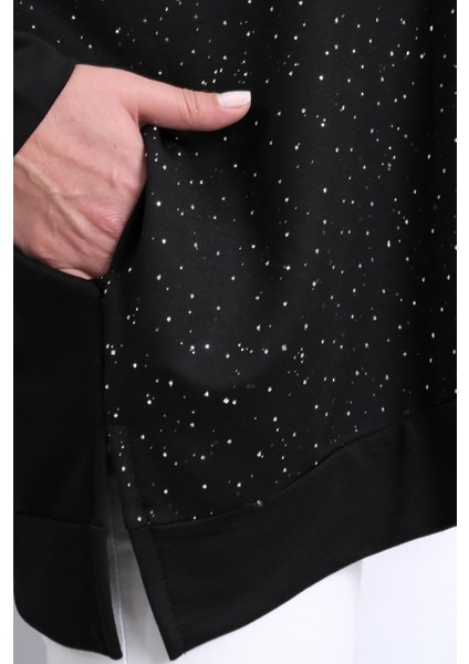 Kadın Büyük Beden Siyah, Kapüşonlu Fermuarlı, Ön ve Kollar Taş Detaylı Astarsız Tunik Ceket 65N39195 indirimleri