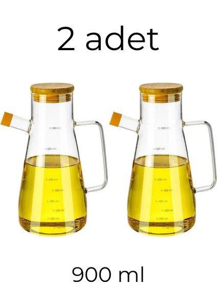 2 Adet Olivia Bambu Kapaklı Borosilikat Ölçekli Cam Yağlık - Yağdanlık 900 ml