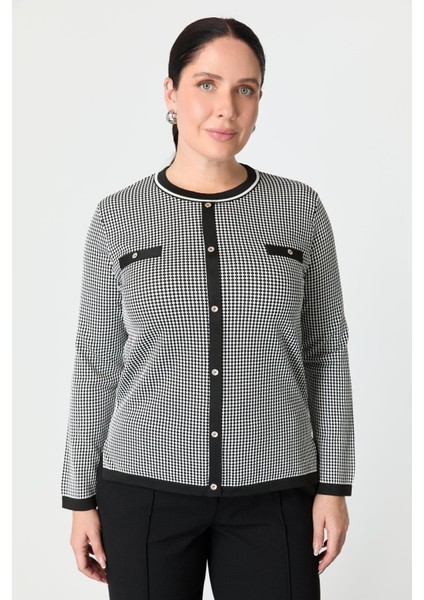 Büyük Beden Kazayağı Desenli Triko Kazak-Siyah