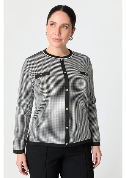 Büyük Beden Kazayağı Desenli Triko Kazak-Siyah modelleri