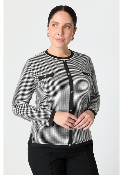 Büyük Beden Kazayağı Desenli Triko Kazak-Siyah fırsatları