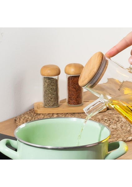 2 Adet Olivia Bambu Kapaklı Borosilikat Ölçekli Cam Yağlık - Yağdanlık 900 ml indirimleri