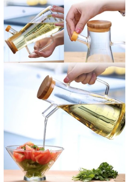 2 Adet Olivia Bambu Kapaklı Borosilikat Ölçekli Cam Yağlık - Yağdanlık 900 ml