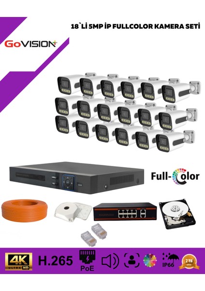 Govision Go Vision 18'li Güvenlik Ip Kamera Seti - 5mp Dış Mekan Kamera, 3.6mm Lens, H.265, Poe, Warm LED Gece Görüşlü
