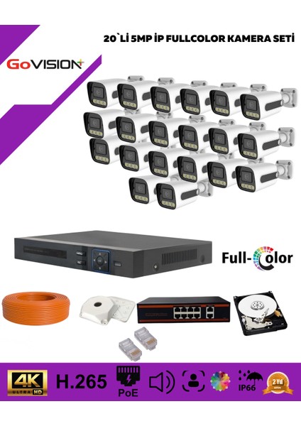 Go Vision 20'li Güvenlik Ip Kamera Seti - 5mp Dış Mekan Kamera, 3.6mm Lens, H.265, Poe, Warm LED Gece Görüşlü