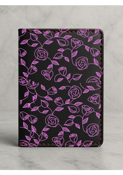 Ruhsat Koruyucu Baskılı Kart Bölmeli Siyah Vinlex Deri Ruhsat Kabı Kılıfı Petal