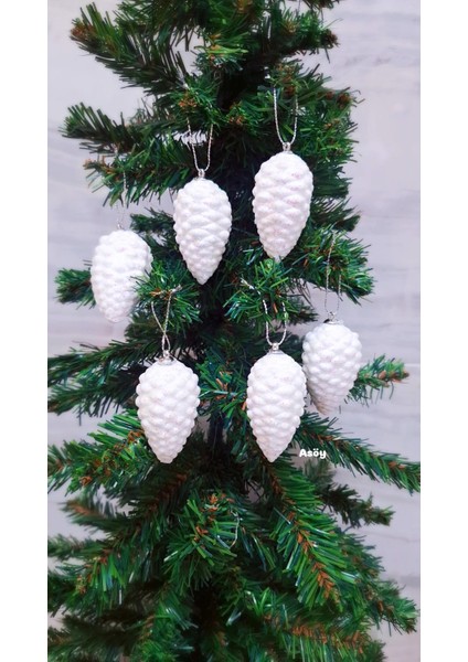 Yılbaşı Ağacı Süsü 6 cm Cici Beyaz Kozalak Simli Işıltılı Parıltılı Süs Parlak 6 Adet