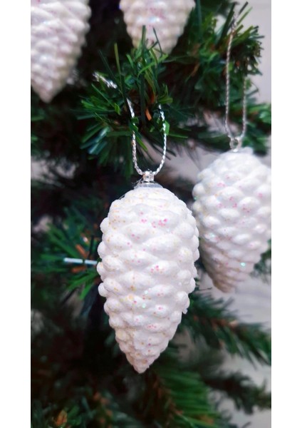 Yılbaşı Ağacı Süsü 6 cm Cici Beyaz Kozalak Simli Işıltılı Parıltılı Süs Parlak 6 Adet modelleri