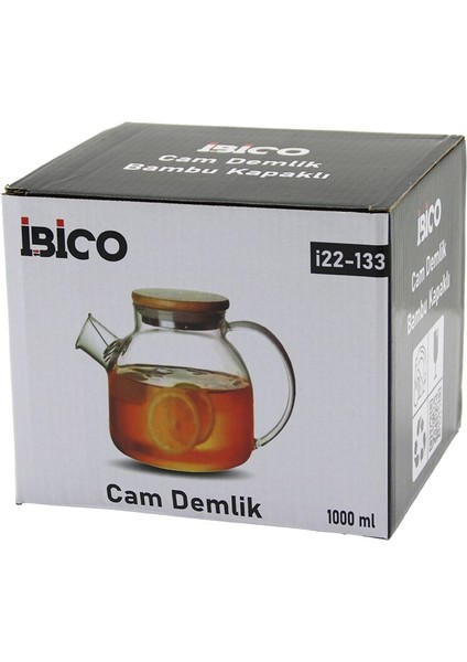1000ML Sade Düz Cam Demlik Bambu Dış Yüzey - Metal Iç Yüzey - Silikon Contalı Kapak (5067)