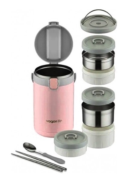 Lunchbox 3 Katlı 4-6 Saat Sıcak/soğuk Termos Çelik Sefer Tası Beslenme Kabı 2100ML Pembe