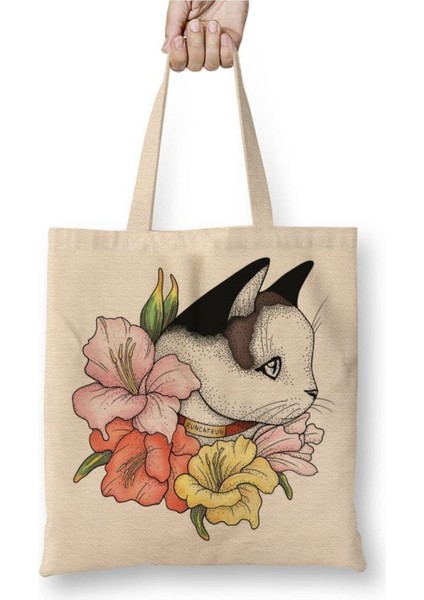 Cat Portrait In Gladiolus Flowers Pink Edition Kedibeyaz Bez Çanta