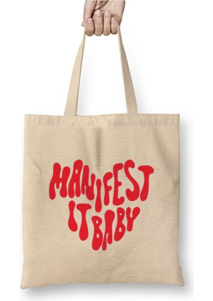 Manifest It Baby Beyaz Bez Çanta Uzun Saplı Alışveriş Çantası Plaj Çantası