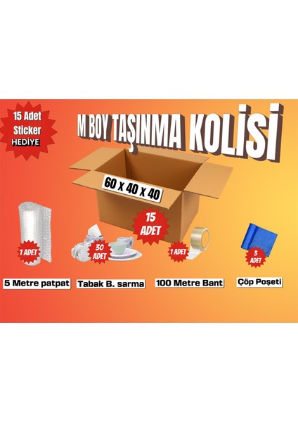 80X50X50 Taşınma Paketi M Boy 15 Adet Koli 1 Adet 5 Metre Patpat (Balonlu Naylon) 30 Adet Tabak/bardak Sarmalık Kâğıt 1 Adet 100 Metre Bant 3 Adet Çöp Poşeti Hediye: 15 Adet Sticker (Etiket)