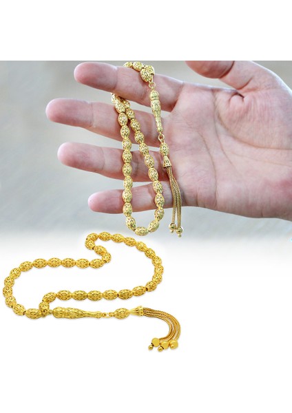 Üçlü Kamçı Püsküllü Petek Tasarım Arpa Kesim Altın Renk 925 Ayar Gümüş Tesbih fiyatları