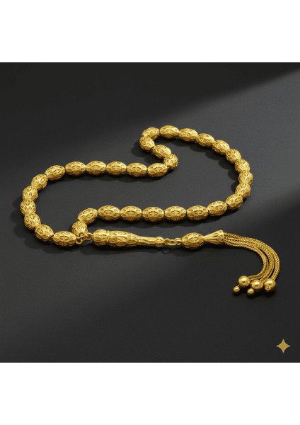 Üçlü Kamçı Püsküllü Petek Tasarım Arpa Kesim Altın Renk 925 Ayar Gümüş Tesbih modelleri