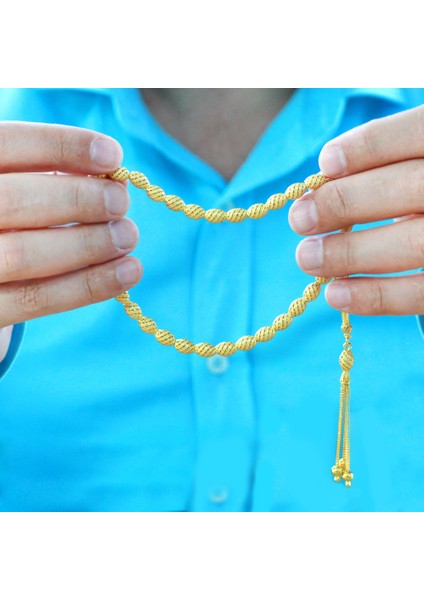 Üçlü Kamçı Püsküllü Petek Tasarım Arpa Kesim Altın Renk 925 Ayar Gümüş Tesbih indirimleri