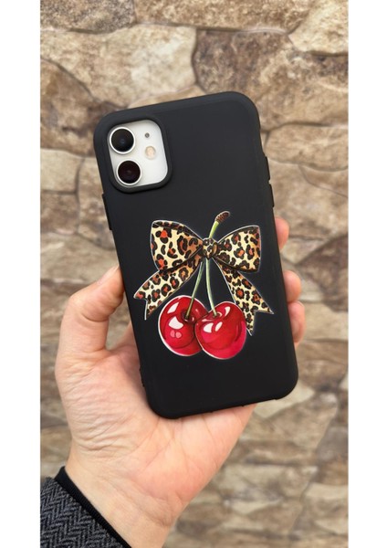 Iphone 11 Uyumlu Kiraz Leopar Fiyonk Desenli Silikon Darbe Emici Klasik Korumalı Rubber Kılıf 277