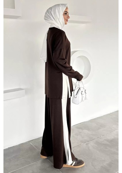 Şerit Desenli Tunik Bel Lastikli Pantolon Tesettür Ikili Takım P-00018892