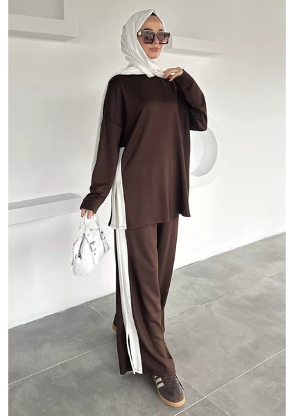 Şerit Desenli Tunik Bel Lastikli Pantolon Tesettür Ikili Takım P-00018892 modelleri