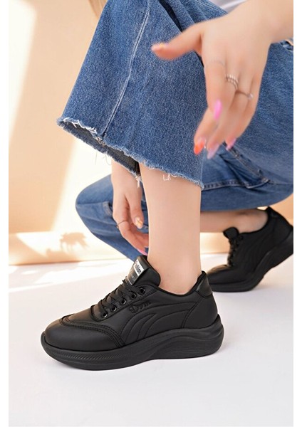 Yexo Premium Süper Ortopedik Bağcıklı Siyah Kadın Sneaker