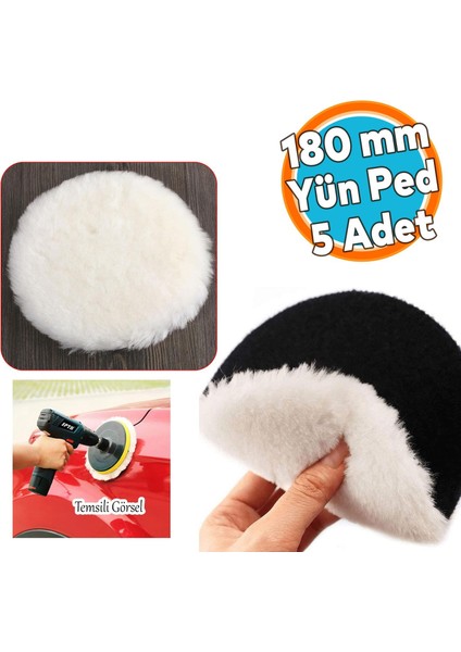 Yün Ped Ø 180 mm Pasta Cila Polisaj Süngeri Cırt Tabanlı Kuzu Postu Yünü Keçesi Parlatma ( 5 Adet )