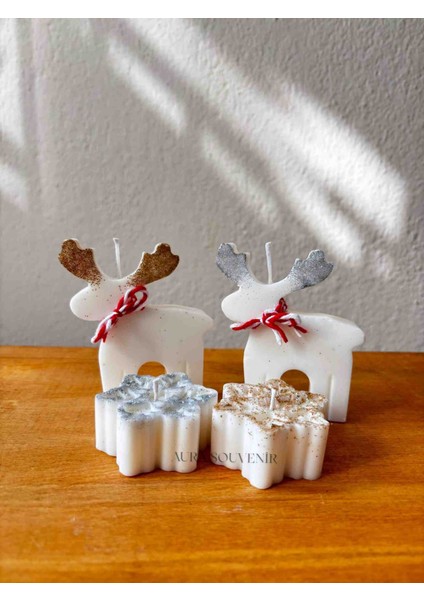 Yılbaşı Temalı Geyik ve Kar Tanesi Dekoratif Soya Mum Set
