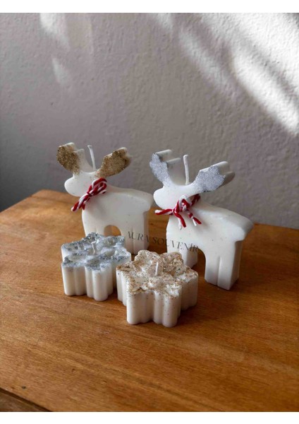 Yılbaşı Temalı Geyik ve Kar Tanesi Dekoratif Soya Mum Set modelleri