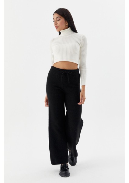 Beli Ip Bağcıklı Triko Pantolon Sıyah