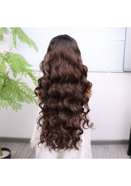 Koyu Kestane Açık Kumral Ombreli Balköpüğü Işıltılı Fiber Sentetik Tül Peruk indirimleri